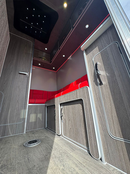 Ample tack space designed by Piper Horseboxes Ltd for riders. Perfect for equestrian travel.
