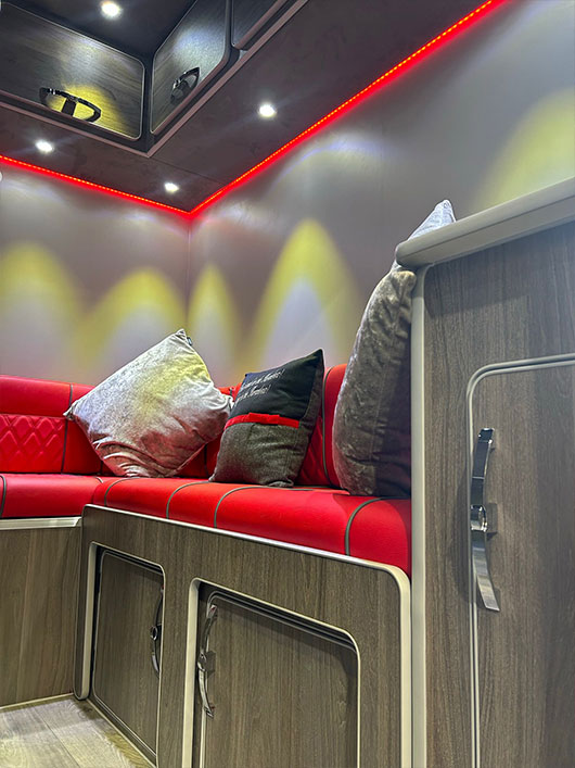 Modern lighting design in a Piper Horseboxes Ltd custom interior. Perfect for equestrian travel.