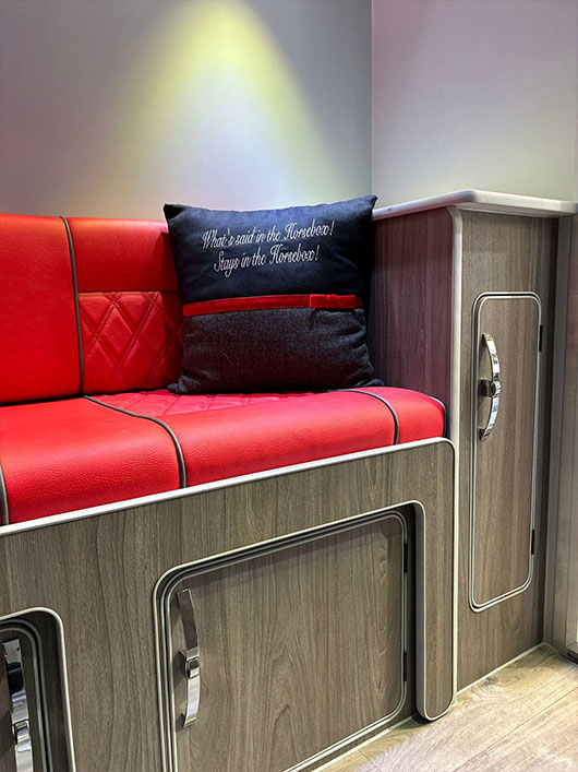 Soft ambient lighting in the living quarters of a Piper Horseboxes Ltd horsebox. Perfect for equestrian travel.