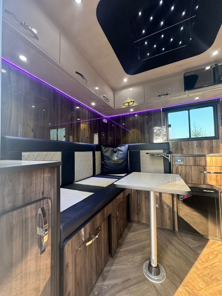Purple lighting design in a Piper Horseboxes Ltd custom interior. Perfect for equestrian travel.