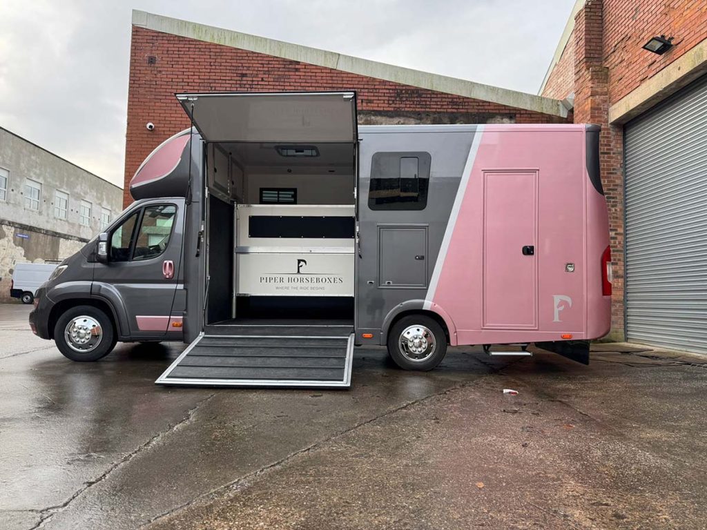 Piper Horseboxes Ltd horsebox with ramp open for horse loading.