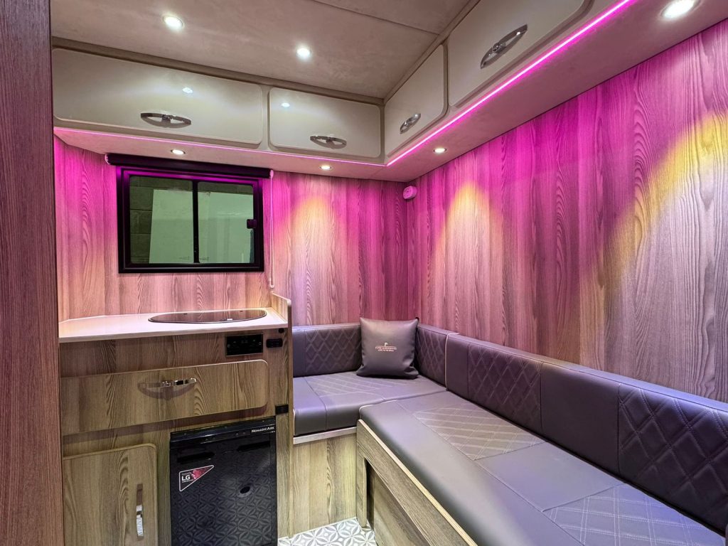 Pink LED lighting inside a Piper Horseboxes Ltd luxury horsebox. Perfect for equestrian travel.
