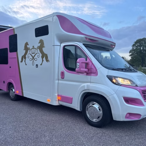 White and pink horsebox in Lancashire