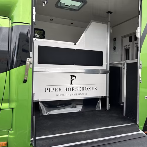 Piper Horseboxes Ltd horsebox with ramp open for horse loading. Perfect for horse shows and travel.