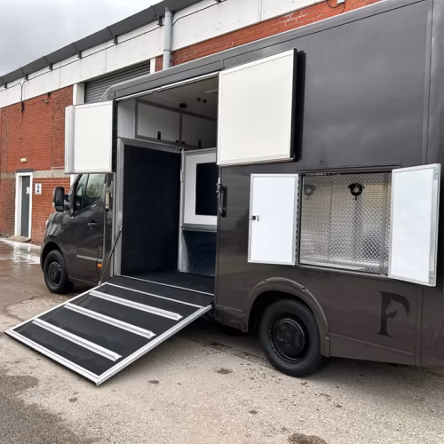 Custom-built Piper Horseboxes Ltd horsebox parked in Lancashire. Perfect for horse shows and travel.