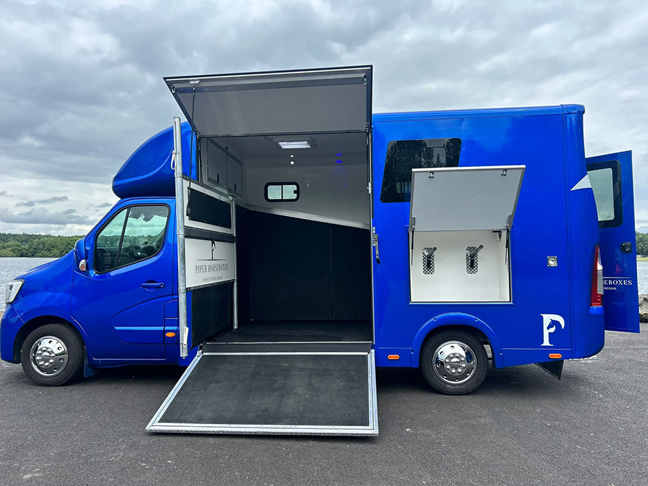 Horse entering a Piper Horseboxes Ltd horsebox before travel.